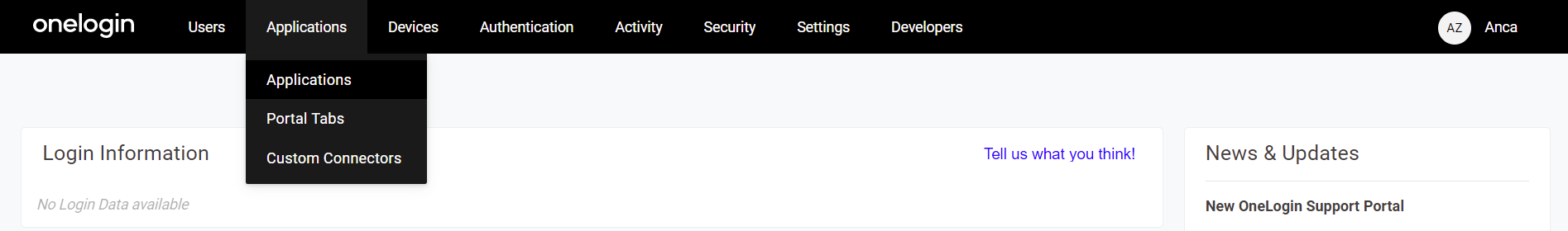 Applications menu in OneLogin